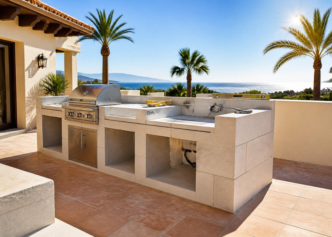 Outdoor kitchen base built with cellular concrete blocks on a Tenerife terrace