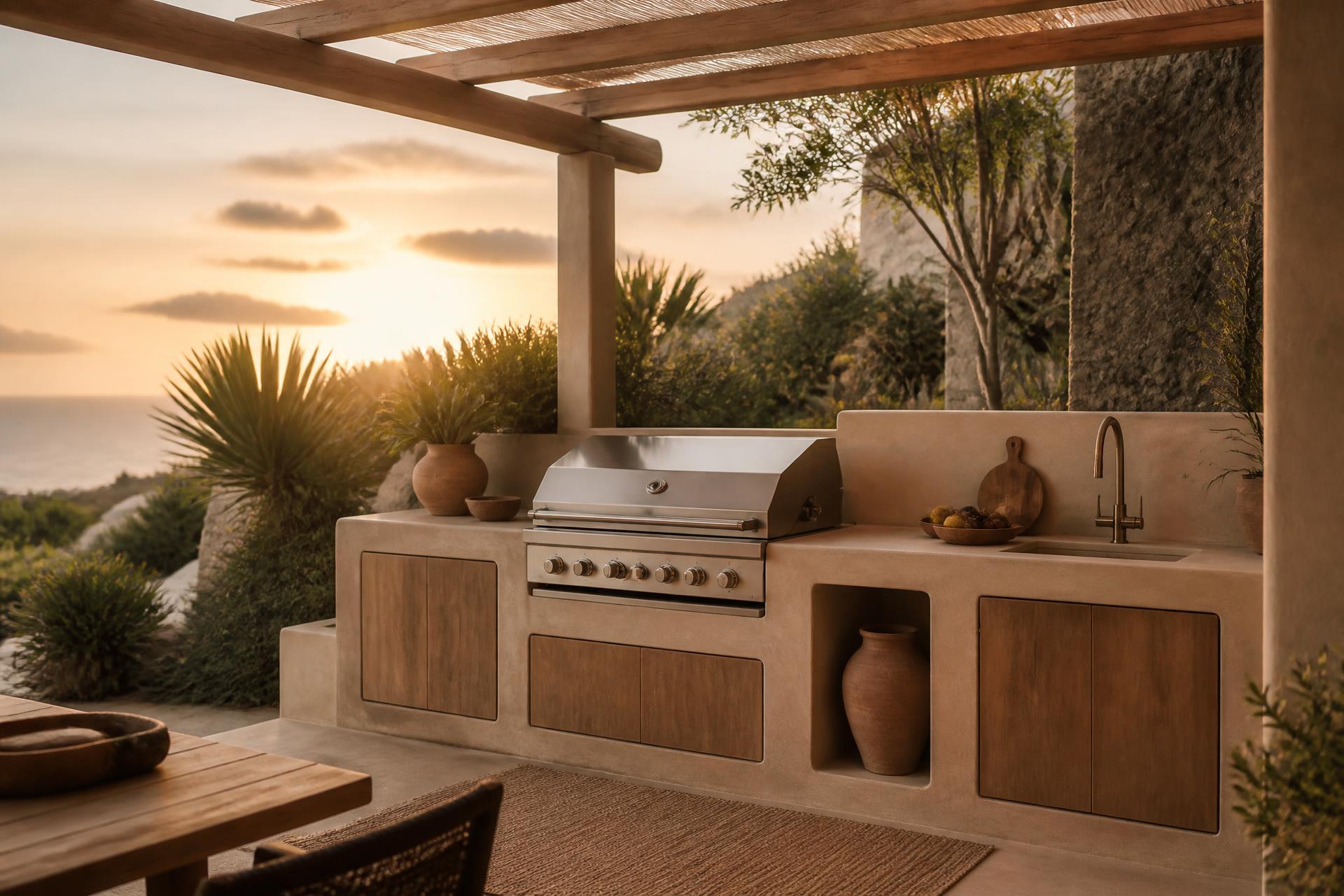 Outdoor kitchen in warm mortex under a Mediterranean pergola in Tenerife by BuildWise