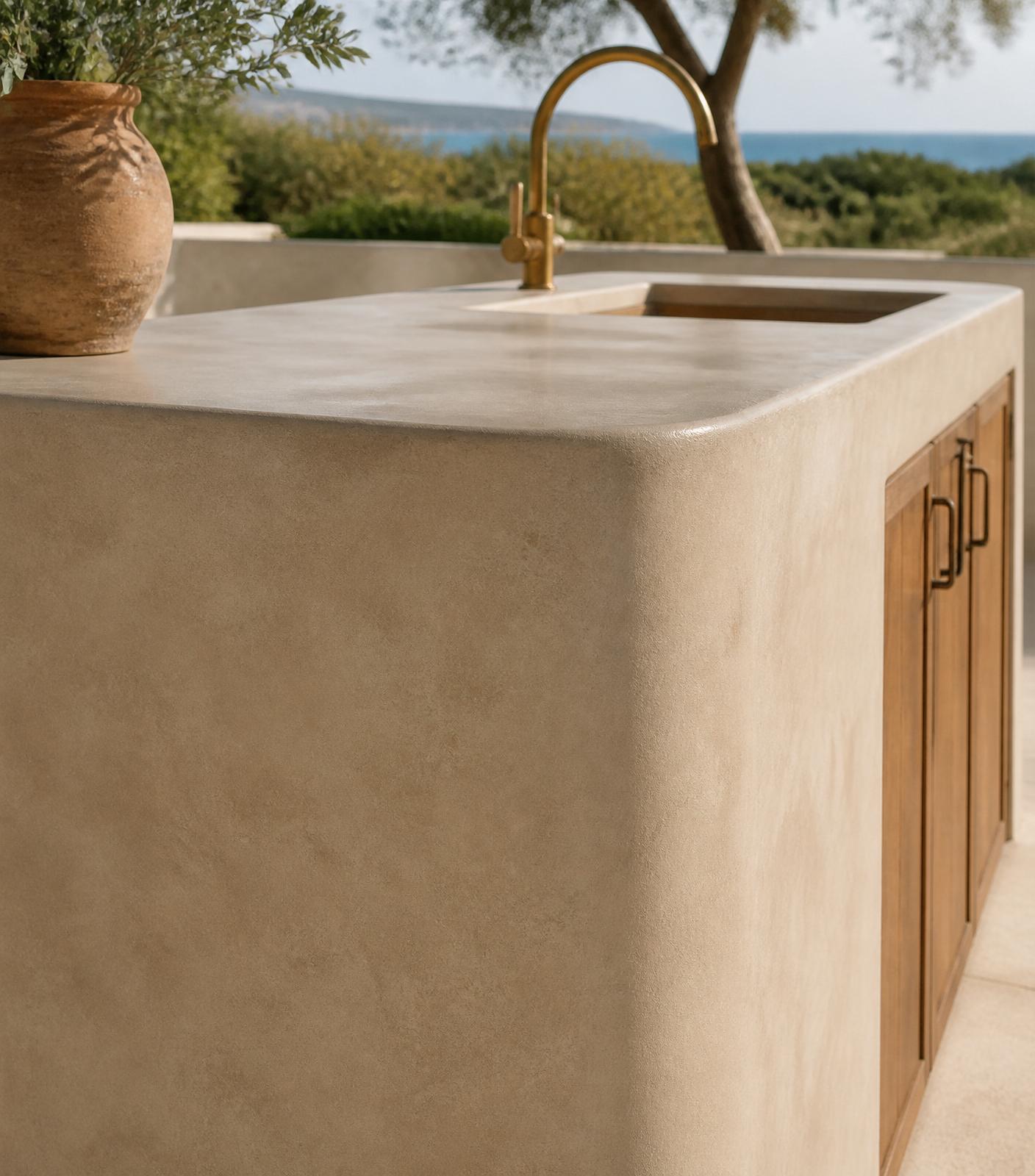 Close-up of a mortex outdoor kitchen worktop with warm beige finish