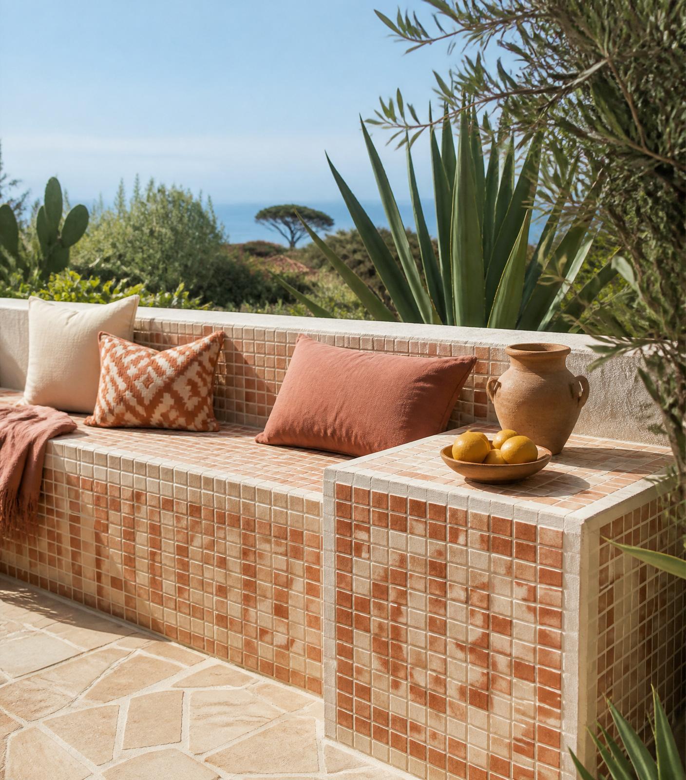 Outdoor bench and side table finished with terracotta and cream tiles